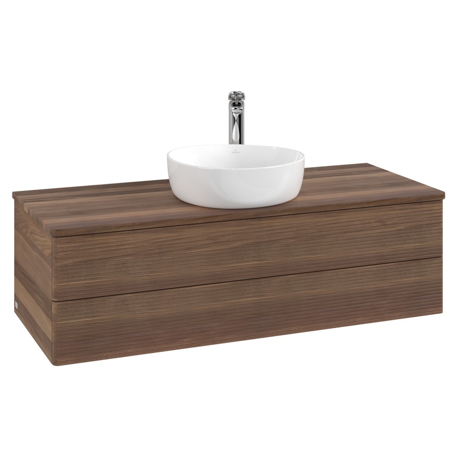 Élément inférieur  Antao
120 x 36 x 50 cm
élément de tiroir, 2&nbsp;tiroirs
avec siphon gain de place
avec matériel de fixation
pour 1 lavabo à poser 101037/101039/234171
recouvrement Warm Walnut, 1 trou pour robinet