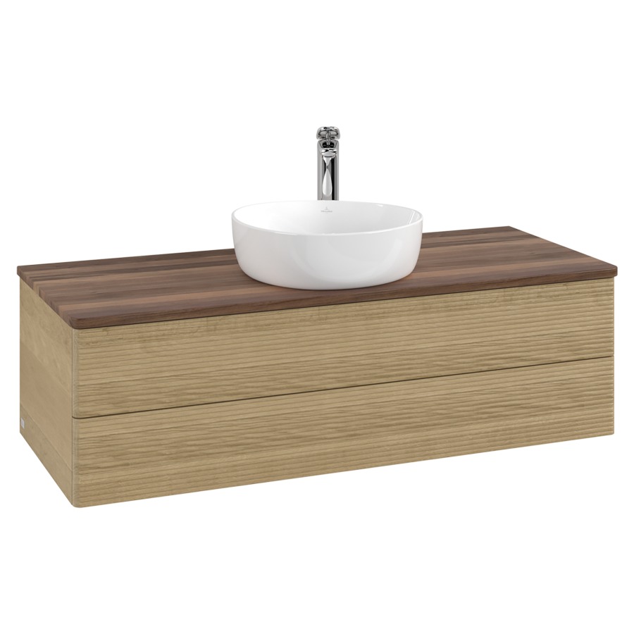 Élément inférieur  Antao
120 x 36 x 50 cm
élément de tiroir, 2&nbsp;tiroirs
avec siphon gain de place
avec matériel de fixation
pour 1 lavabo à poser 101037/101039/234171
recouvrement Warm Walnut, 1 trou pour robinet