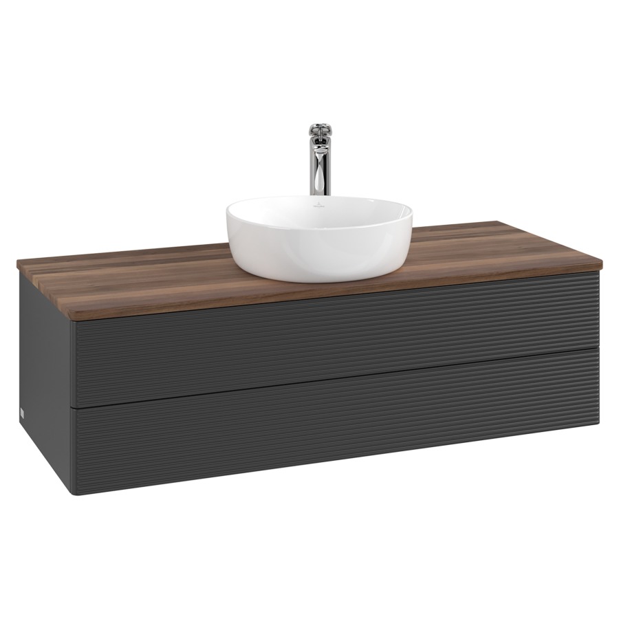 Élément inférieur  Antao
120 x 36 x 50 cm
élément de tiroir, 2&nbsp;tiroirs
avec siphon gain de place
avec matériel de fixation
pour 1 lavabo à poser 101037/101039/234171
recouvrement Warm Walnut, 1 trou pour robinet
