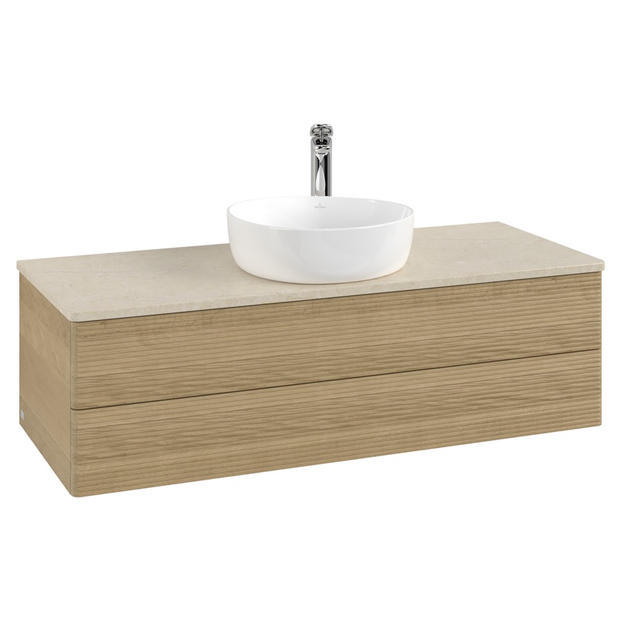 Élément inférieur  Antao
120 x 36 x 50 cm
élément de tiroir, 2&nbsp;tiroirs
avec siphon gain de place
avec matériel de fixation
pour 1 lavabo à poser 101037/101039/234171
recouvrement Botticino, 1 trou pour robinet