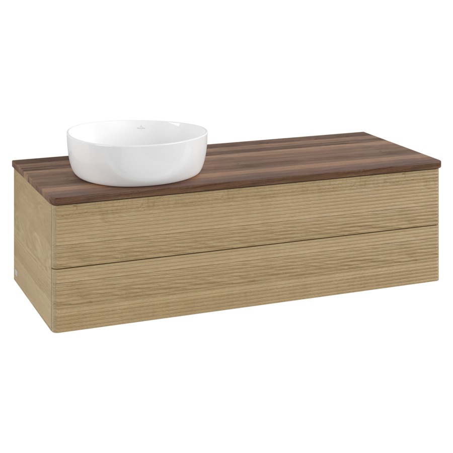 Élément inférieur  Antao
120 x 36 x 50 cm
élément de tiroir, 2&nbsp;tiroirs
lavabo à gauche
avec siphon gain de place
avec matériel de fixation
pour 1 lavabo à poser 234171/234172/234173
recouvrement Warm Walnut
sans trou pour robinet