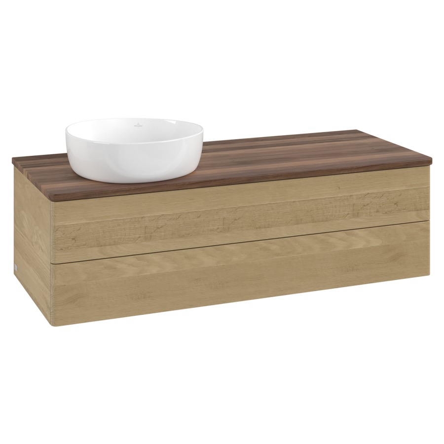 Élément inférieur  Antao
120 x 36 x 50 cm
élément de tiroir, 2&nbsp;tiroirs
lavabo à gauche
avec siphon gain de place
avec matériel de fixation
pour 1 lavabo à poser 234171/234172/234173
recouvrement Warm Walnut
sans trou pour robinet