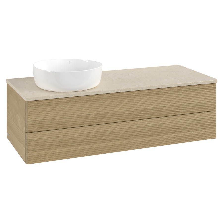 Élément inférieur  Antao
120 x 36 x 50 cm
élément de tiroir, 2&nbsp;tiroirs
lavabo à gauche
avec siphon gain de place
avec matériel de fixation
pour 1 lavabo à poser 234171/234172/234173
recouvrement Botticino
sans trou pour robinet