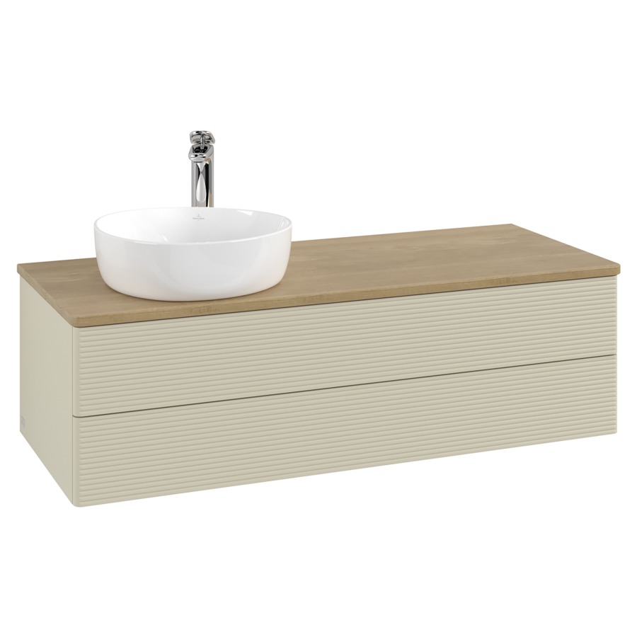 Élément inférieur  Antao
120 x 36 x 50 cm
élément de tiroir, 2&nbsp;tiroirs
lavabo à gauche
avec siphon gain de place
avec matériel de fixation
pour 1 lavabo à poser 101037/101038/234171
recouvrement Honey Oak, 1 trou pour robinet