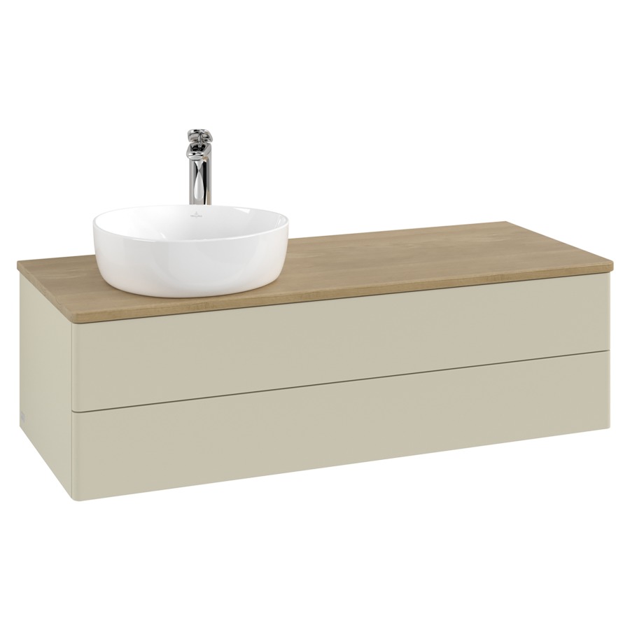 Élément inférieur  Antao
120 x 36 x 50 cm
élément de tiroir, 2&nbsp;tiroirs
lavabo à gauche
avec siphon gain de place
avec matériel de fixation
pour 1 lavabo à poser 101037/101038/234171
recouvrement Honey Oak, 1 trou pour robinet