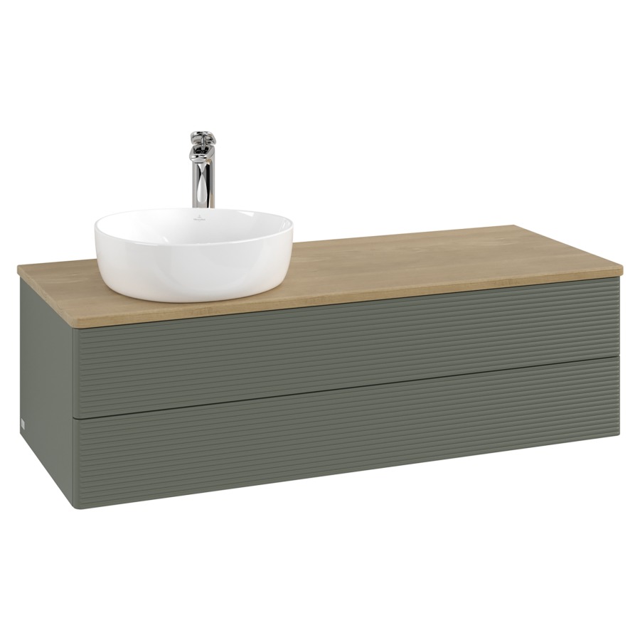 Élément inférieur  Antao
120 x 36 x 50 cm
élément de tiroir, 2&nbsp;tiroirs
lavabo à gauche
avec siphon gain de place
avec matériel de fixation
pour 1 lavabo à poser 101037/101038/234171
recouvrement Honey Oak, 1 trou pour robinet