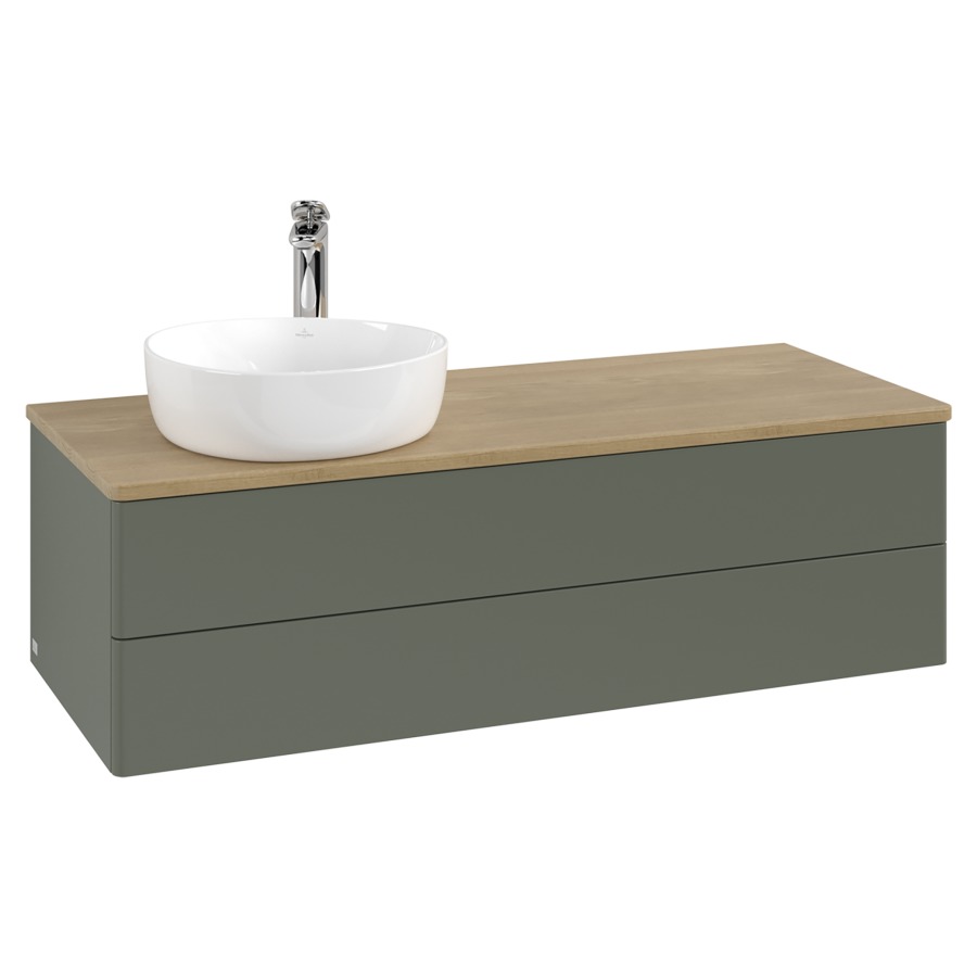 Élément inférieur  Antao
120 x 36 x 50 cm
élément de tiroir, 2&nbsp;tiroirs
lavabo à gauche
avec siphon gain de place
avec matériel de fixation
pour 1 lavabo à poser 101037/101038/234171
recouvrement Honey Oak, 1 trou pour robinet