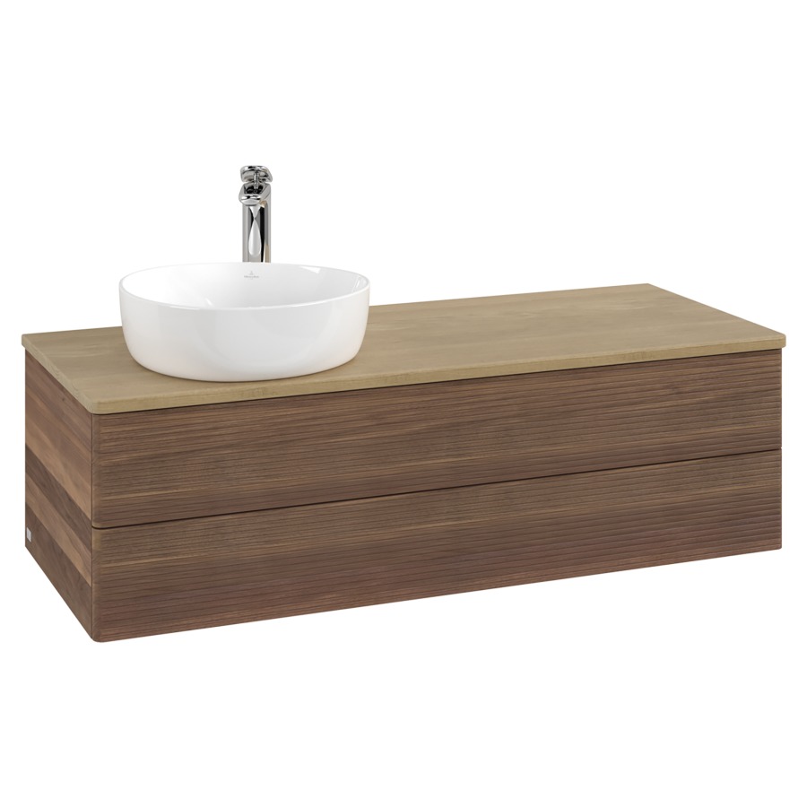 Élément inférieur  Antao
120 x 36 x 50 cm
élément de tiroir, 2&nbsp;tiroirs
lavabo à gauche
avec siphon gain de place
avec matériel de fixation
pour 1 lavabo à poser 101037/101038/234171
recouvrement Honey Oak, 1 trou pour robinet