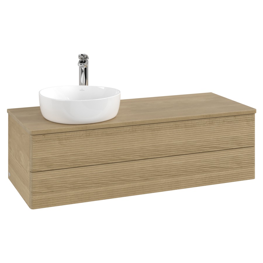Élément inférieur  Antao
120 x 36 x 50 cm
élément de tiroir, 2&nbsp;tiroirs
lavabo à gauche
avec siphon gain de place
avec matériel de fixation
pour 1 lavabo à poser 101037/101038/234171
recouvrement Honey Oak, 1 trou pour robinet
