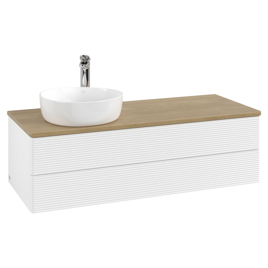 Élément inférieur  Antao
120 x 36 x 50 cm
élément de tiroir, 2&nbsp;tiroirs
lavabo à gauche
avec siphon gain de place
avec matériel de fixation
pour 1 lavabo à poser 101037/101038/234171
recouvrement Honey Oak, 1 trou pour robinet