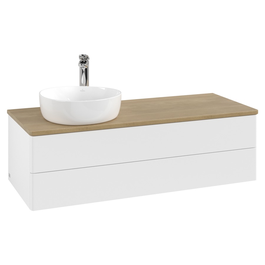 Élément inférieur  Antao
120 x 36 x 50 cm
élément de tiroir, 2&nbsp;tiroirs
lavabo à gauche
avec siphon gain de place
avec matériel de fixation
pour 1 lavabo à poser 101037/101038/234171
recouvrement Honey Oak, 1 trou pour robinet