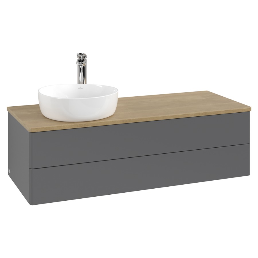 Élément inférieur  Antao
120 x 36 x 50 cm
élément de tiroir, 2&nbsp;tiroirs
lavabo à gauche
avec siphon gain de place
avec matériel de fixation
pour 1 lavabo à poser 101037/101038/234171
recouvrement Honey Oak, 1 trou pour robinet