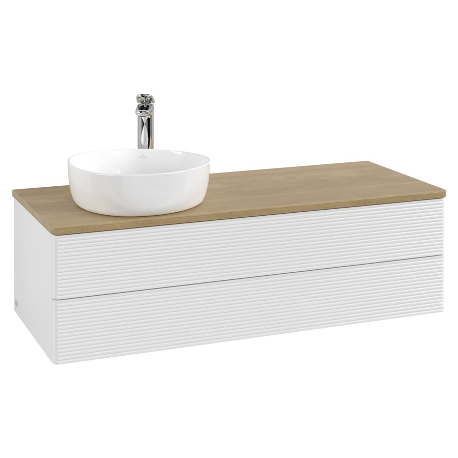 Élément inférieur  Antao
120 x 36 x 50 cm
élément de tiroir, 2&nbsp;tiroirs
lavabo à gauche
avec siphon gain de place
avec matériel de fixation
pour 1 lavabo à poser 101037/101038/234171
recouvrement Honey Oak, 1 trou pour robinet
