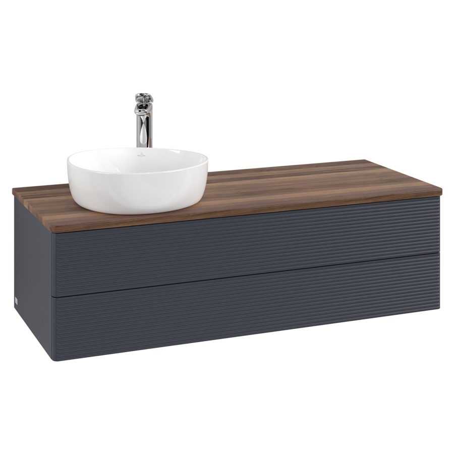 Élément inférieur  Antao
120 x 36 x 50 cm
élément de tiroir, 2&nbsp;tiroirs
lavabo à gauche
avec siphon gain de place
avec matériel de fixation
pour 1 lavabo à poser 101037/101038/234171
recouvrement Warm Walnut, 1 trou pour robinet