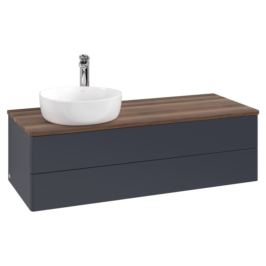 Élément inférieur  Antao
120 x 36 x 50 cm
élément de tiroir, 2&nbsp;tiroirs
lavabo à gauche
avec siphon gain de place
avec matériel de fixation
pour 1 lavabo à poser 101037/101038/234171
recouvrement Warm Walnut, 1 trou pour robinet