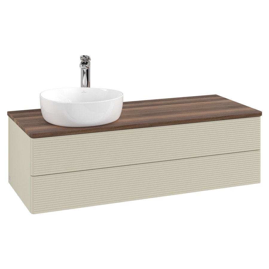 Élément inférieur  Antao
120 x 36 x 50 cm
élément de tiroir, 2&nbsp;tiroirs
lavabo à gauche
avec siphon gain de place
avec matériel de fixation
pour 1 lavabo à poser 101037/101038/234171
recouvrement Warm Walnut, 1 trou pour robinet