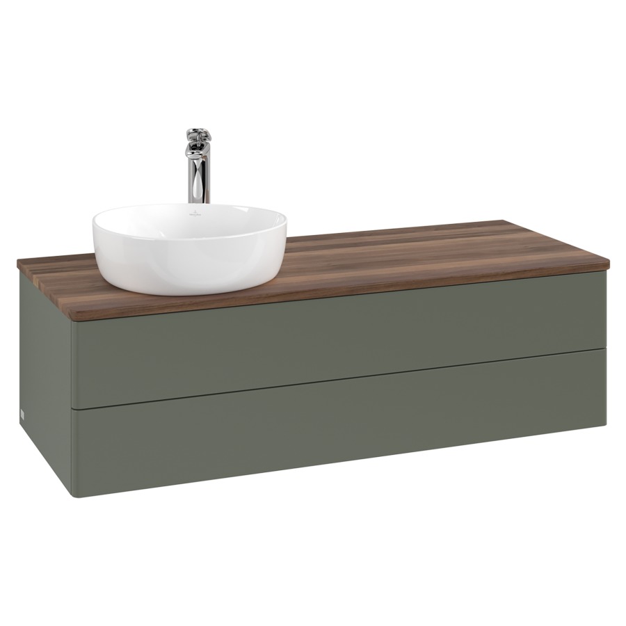Élément inférieur  Antao
120 x 36 x 50 cm
élément de tiroir, 2&nbsp;tiroirs
lavabo à gauche
avec siphon gain de place
avec matériel de fixation
pour 1 lavabo à poser 101037/101038/234171
recouvrement Warm Walnut, 1 trou pour robinet