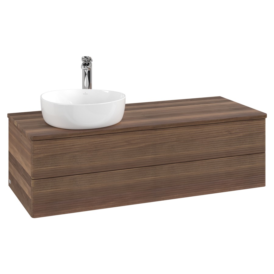 Élément inférieur  Antao
120 x 36 x 50 cm
élément de tiroir, 2&nbsp;tiroirs
lavabo à gauche
avec siphon gain de place
avec matériel de fixation
pour 1 lavabo à poser 101037/101038/234171
recouvrement Warm Walnut, 1 trou pour robinet