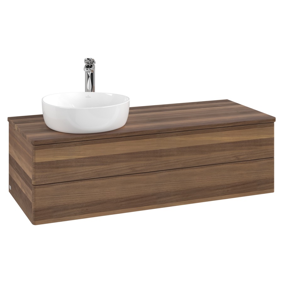 Élément inférieur  Antao
120 x 36 x 50 cm
élément de tiroir, 2&nbsp;tiroirs
lavabo à gauche
avec siphon gain de place
avec matériel de fixation
pour 1 lavabo à poser 101037/101038/234171
recouvrement Warm Walnut, 1 trou pour robinet