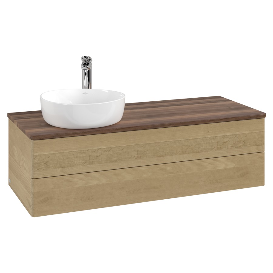 Élément inférieur  Antao
120 x 36 x 50 cm
élément de tiroir, 2&nbsp;tiroirs
lavabo à gauche
avec siphon gain de place
avec matériel de fixation
pour 1 lavabo à poser 101037/101038/234171
recouvrement Warm Walnut, 1 trou pour robinet