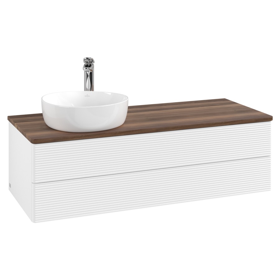 Élément inférieur  Antao
120 x 36 x 50 cm
élément de tiroir, 2&nbsp;tiroirs
lavabo à gauche
avec siphon gain de place
avec matériel de fixation
pour 1 lavabo à poser 101037/101038/234171
recouvrement Warm Walnut, 1 trou pour robinet