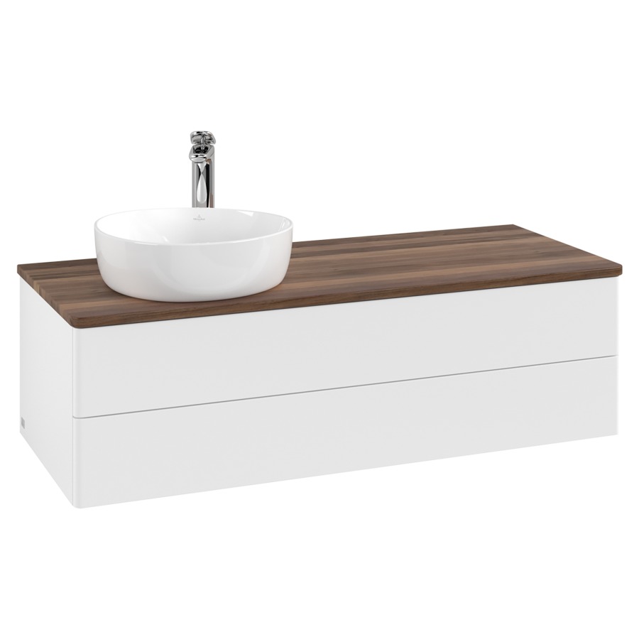 Élément inférieur  Antao
120 x 36 x 50 cm
élément de tiroir, 2&nbsp;tiroirs
lavabo à gauche
avec siphon gain de place
avec matériel de fixation
pour 1 lavabo à poser 101037/101038/234171
recouvrement Warm Walnut, 1 trou pour robinet