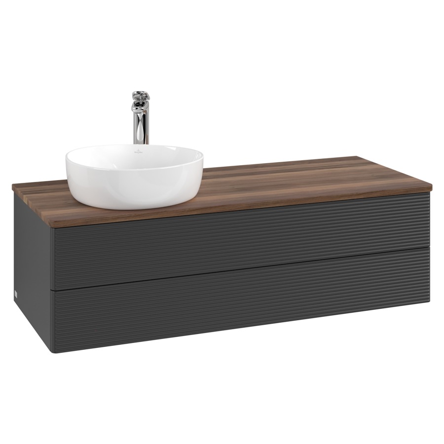 Élément inférieur  Antao
120 x 36 x 50 cm
élément de tiroir, 2&nbsp;tiroirs
lavabo à gauche
avec siphon gain de place
avec matériel de fixation
pour 1 lavabo à poser 101037/101038/234171
recouvrement Warm Walnut, 1 trou pour robinet