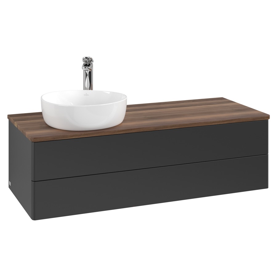 Élément inférieur  Antao
120 x 36 x 50 cm
élément de tiroir, 2&nbsp;tiroirs
lavabo à gauche
avec siphon gain de place
avec matériel de fixation
pour 1 lavabo à poser 101037/101038/234171
recouvrement Warm Walnut, 1 trou pour robinet