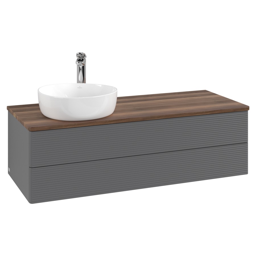 Élément inférieur  Antao
120 x 36 x 50 cm
élément de tiroir, 2&nbsp;tiroirs
lavabo à gauche
avec siphon gain de place
avec matériel de fixation
pour 1 lavabo à poser 101037/101038/234171
recouvrement Warm Walnut, 1 trou pour robinet