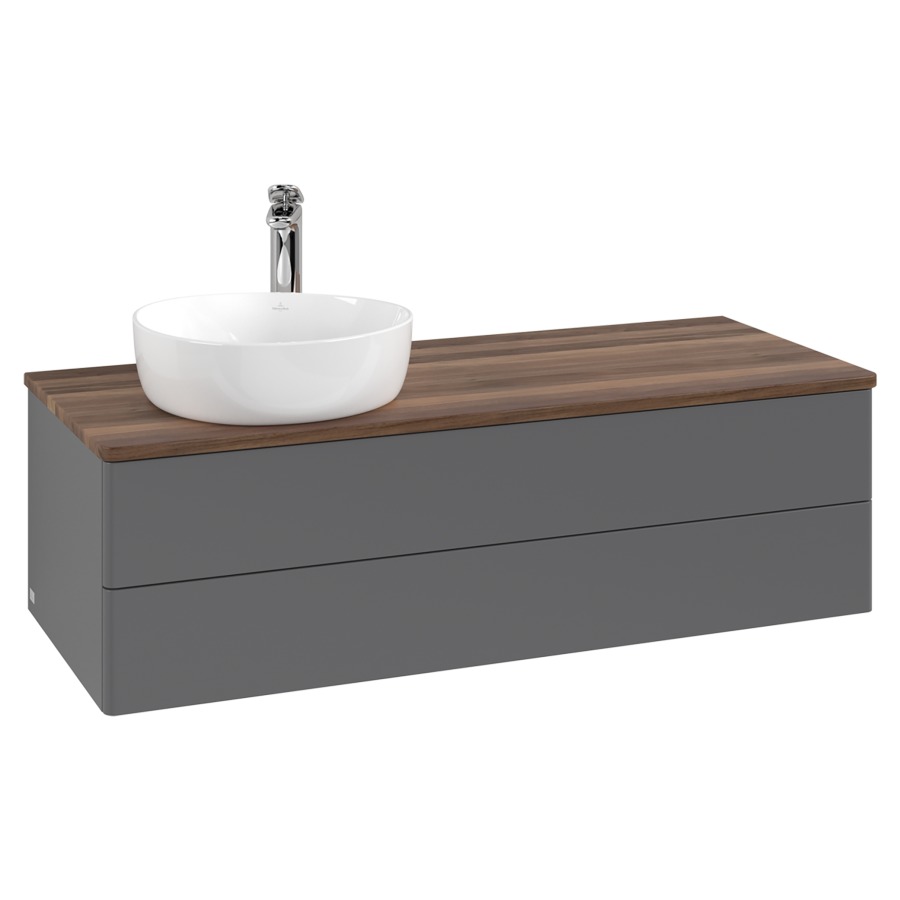 Élément inférieur  Antao
120 x 36 x 50 cm
élément de tiroir, 2&nbsp;tiroirs
lavabo à gauche
avec siphon gain de place
avec matériel de fixation
pour 1 lavabo à poser 101037/101038/234171
recouvrement Warm Walnut, 1 trou pour robinet