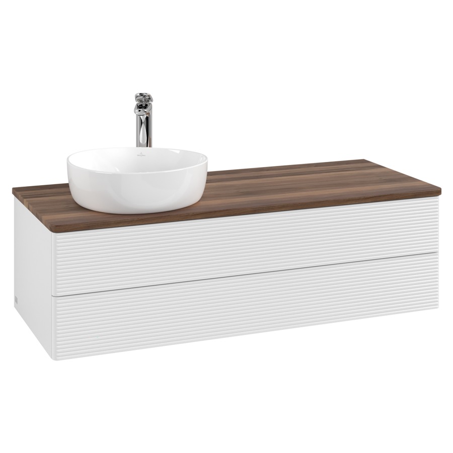 Élément inférieur  Antao
120 x 36 x 50 cm
élément de tiroir, 2&nbsp;tiroirs
lavabo à gauche
avec siphon gain de place
avec matériel de fixation
pour 1 lavabo à poser 101037/101038/234171
recouvrement Warm Walnut, 1 trou pour robinet