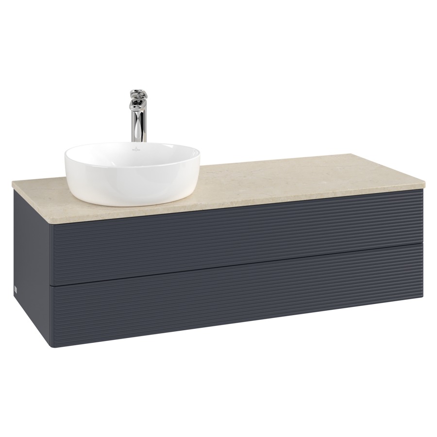 Élément inférieur  Antao
120 x 36 x 50 cm
élément de tiroir, 2&nbsp;tiroirs
lavabo à gauche
avec siphon gain de place
avec matériel de fixation
pour 1 lavabo à poser 101037/101038/234171
recouvrement Botticino, 1 trou pour robinet