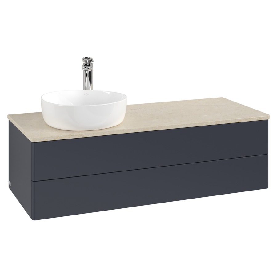 Élément inférieur  Antao
120 x 36 x 50 cm
élément de tiroir, 2&nbsp;tiroirs
lavabo à gauche
avec siphon gain de place
avec matériel de fixation
pour 1 lavabo à poser 101037/101038/234171
recouvrement Botticino, 1 trou pour robinet