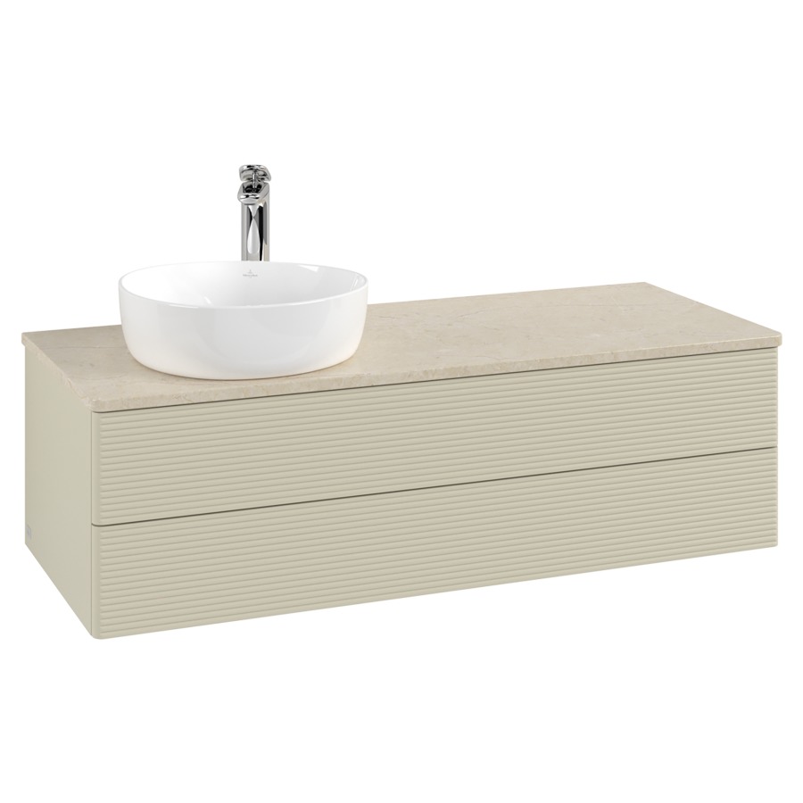 Élément inférieur  Antao
120 x 36 x 50 cm
élément de tiroir, 2&nbsp;tiroirs
lavabo à gauche
avec siphon gain de place
avec matériel de fixation
pour 1 lavabo à poser 101037/101038/234171
recouvrement Botticino, 1 trou pour robinet