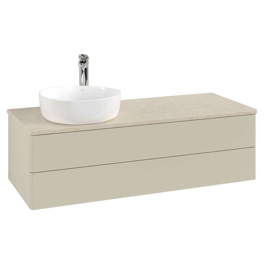 Élément inférieur  Antao
120 x 36 x 50 cm
élément de tiroir, 2&nbsp;tiroirs
lavabo à gauche
avec siphon gain de place
avec matériel de fixation
pour 1 lavabo à poser 101037/101038/234171
recouvrement Botticino, 1 trou pour robinet