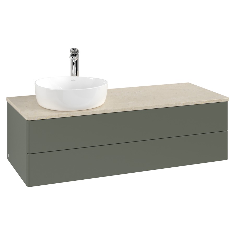 Élément inférieur  Antao
120 x 36 x 50 cm
élément de tiroir, 2&nbsp;tiroirs
lavabo à gauche
avec siphon gain de place
avec matériel de fixation
pour 1 lavabo à poser 101037/101038/234171
recouvrement Botticino, 1 trou pour robinet