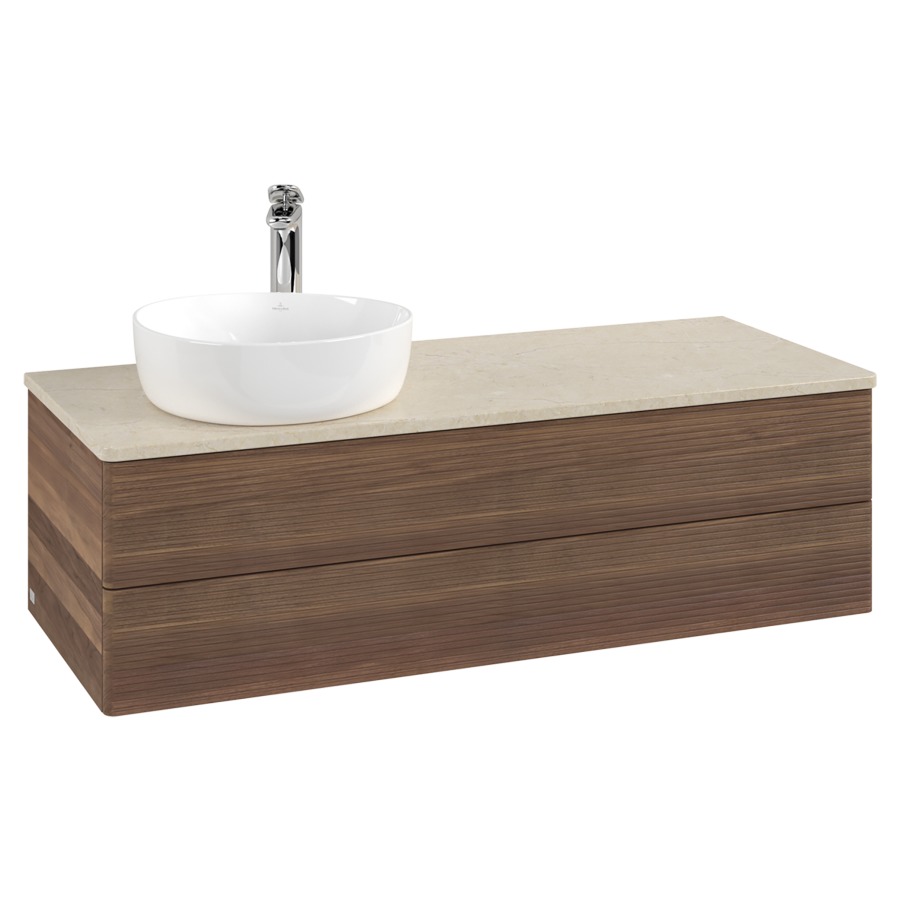 Élément inférieur  Antao
120 x 36 x 50 cm
élément de tiroir, 2&nbsp;tiroirs
lavabo à gauche
avec siphon gain de place
avec matériel de fixation
pour 1 lavabo à poser 101037/101038/234171
recouvrement Botticino, 1 trou pour robinet