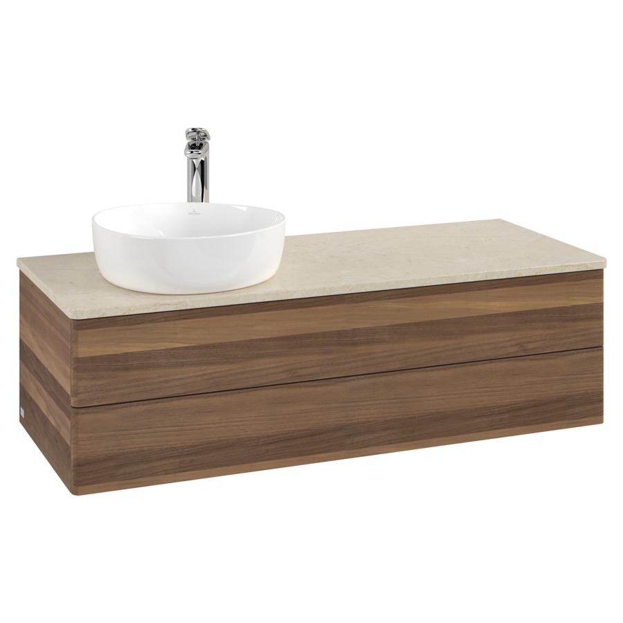 Élément inférieur  Antao
120 x 36 x 50 cm
élément de tiroir, 2&nbsp;tiroirs
lavabo à gauche
avec siphon gain de place
avec matériel de fixation
pour 1 lavabo à poser 101037/101038/234171
recouvrement Botticino, 1 trou pour robinet