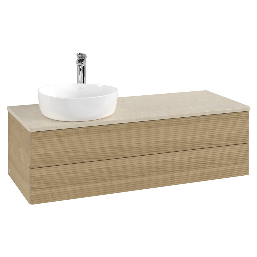 Élément inférieur  Antao
120 x 36 x 50 cm
élément de tiroir, 2&nbsp;tiroirs
lavabo à gauche
avec siphon gain de place
avec matériel de fixation
pour 1 lavabo à poser 101037/101038/234171
recouvrement Botticino, 1 trou pour robinet