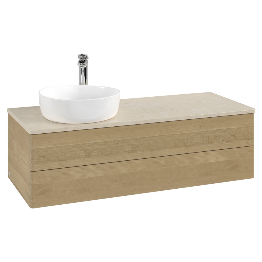 Élément inférieur  Antao
120 x 36 x 50 cm
élément de tiroir, 2&nbsp;tiroirs
lavabo à gauche
avec siphon gain de place
avec matériel de fixation
pour 1 lavabo à poser 101037/101038/234171
recouvrement Botticino, 1 trou pour robinet