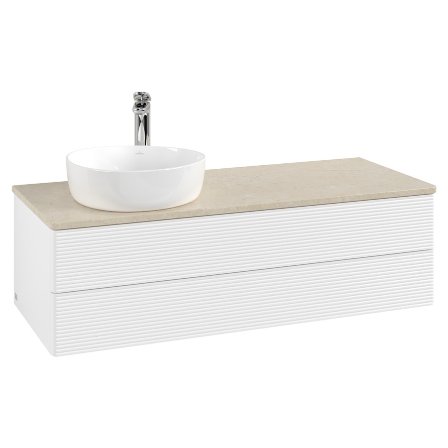 Élément inférieur  Antao
120 x 36 x 50 cm
élément de tiroir, 2&nbsp;tiroirs
lavabo à gauche
avec siphon gain de place
avec matériel de fixation
pour 1 lavabo à poser 101037/101038/234171
recouvrement Botticino, 1 trou pour robinet