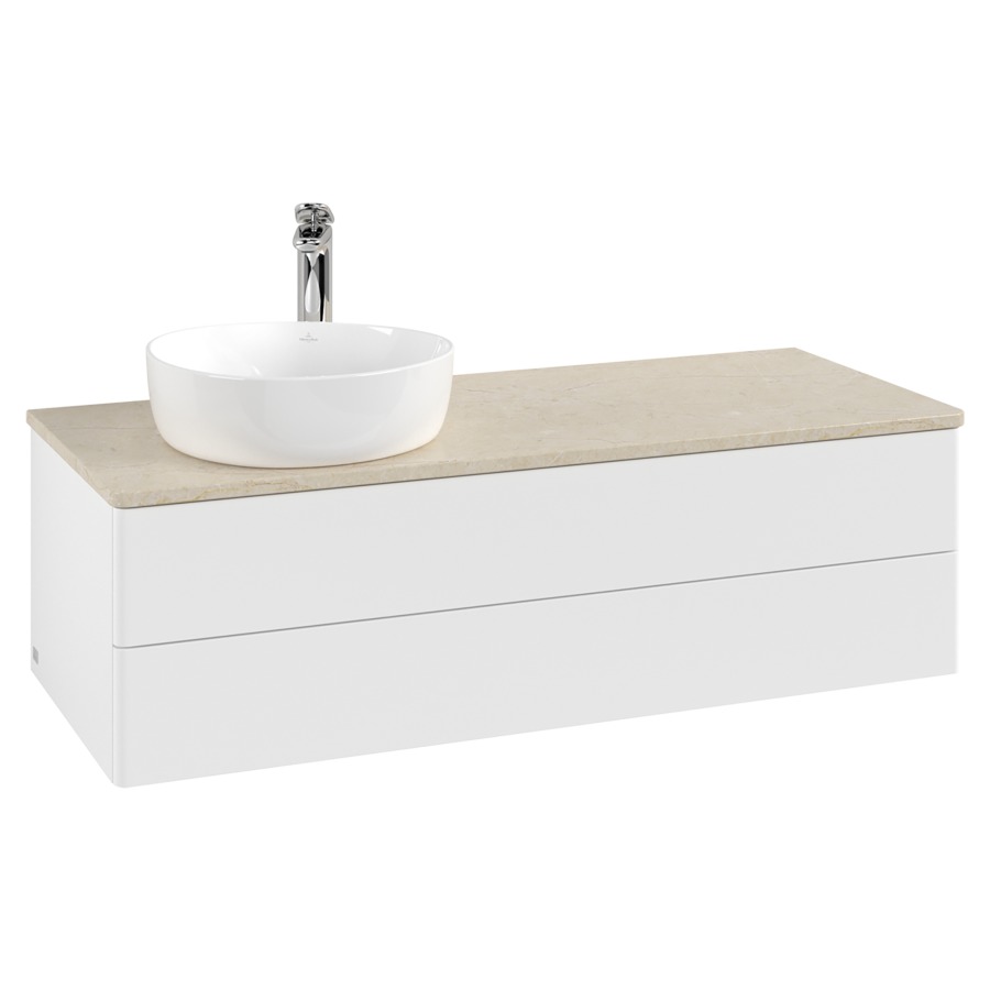 Élément inférieur  Antao
120 x 36 x 50 cm
élément de tiroir, 2&nbsp;tiroirs
lavabo à gauche
avec siphon gain de place
avec matériel de fixation
pour 1 lavabo à poser 101037/101038/234171
recouvrement Botticino, 1 trou pour robinet