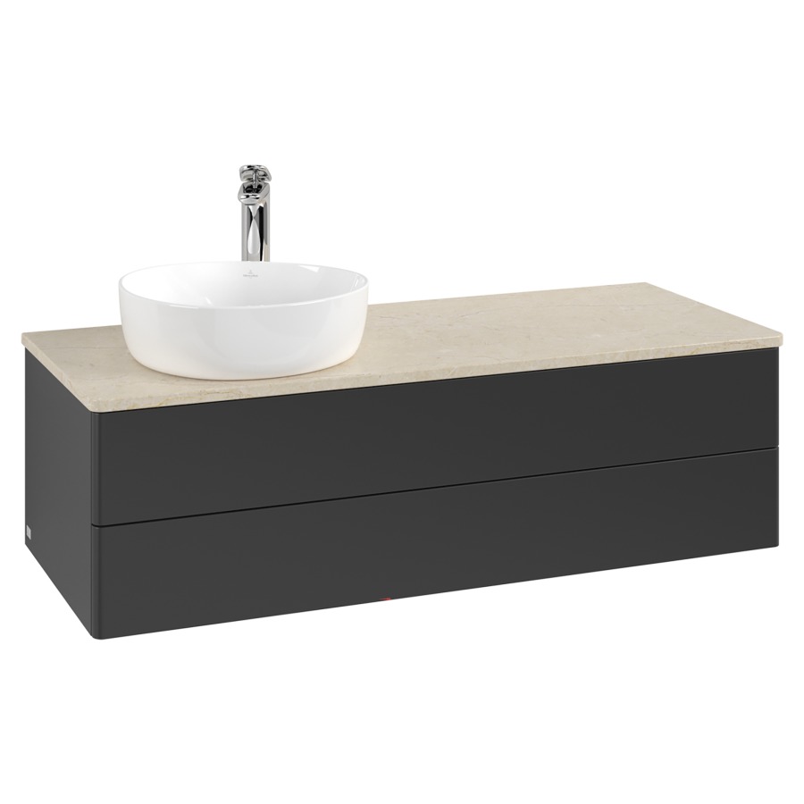Élément inférieur  Antao
120 x 36 x 50 cm
élément de tiroir, 2&nbsp;tiroirs
lavabo à gauche
avec siphon gain de place
avec matériel de fixation
pour 1 lavabo à poser 101037/101038/234171
recouvrement Botticino, 1 trou pour robinet