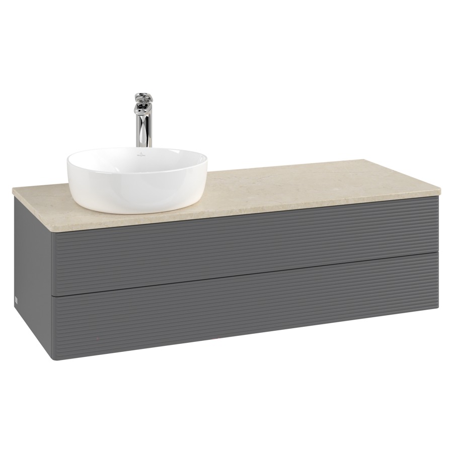 Élément inférieur  Antao
120 x 36 x 50 cm
élément de tiroir, 2&nbsp;tiroirs
lavabo à gauche
avec siphon gain de place
avec matériel de fixation
pour 1 lavabo à poser 101037/101038/234171
recouvrement Botticino, 1 trou pour robinet