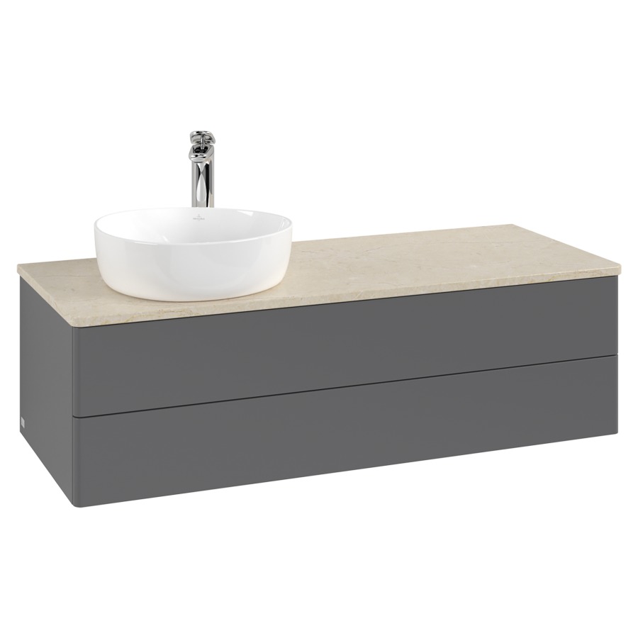Élément inférieur  Antao
120 x 36 x 50 cm
élément de tiroir, 2&nbsp;tiroirs
lavabo à gauche
avec siphon gain de place
avec matériel de fixation
pour 1 lavabo à poser 101037/101038/234171
recouvrement Botticino, 1 trou pour robinet