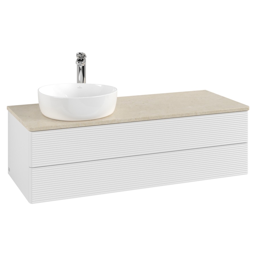 Élément inférieur  Antao
120 x 36 x 50 cm
élément de tiroir, 2&nbsp;tiroirs
lavabo à gauche
avec siphon gain de place
avec matériel de fixation
pour 1 lavabo à poser 101037/101038/234171
recouvrement Botticino, 1 trou pour robinet