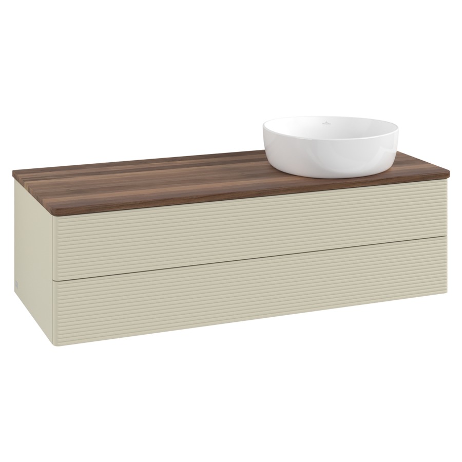 Élément inférieur  Antao
120 x 36 x 50 cm
élément de tiroir, 2&nbsp;tiroirs
lavabo à droite
avec siphon gain de place
avec matériel de fixation
pour 1 lavabo à poser 234171/234172/234173
recouvrement Warm Walnut
sans trou pour robinet