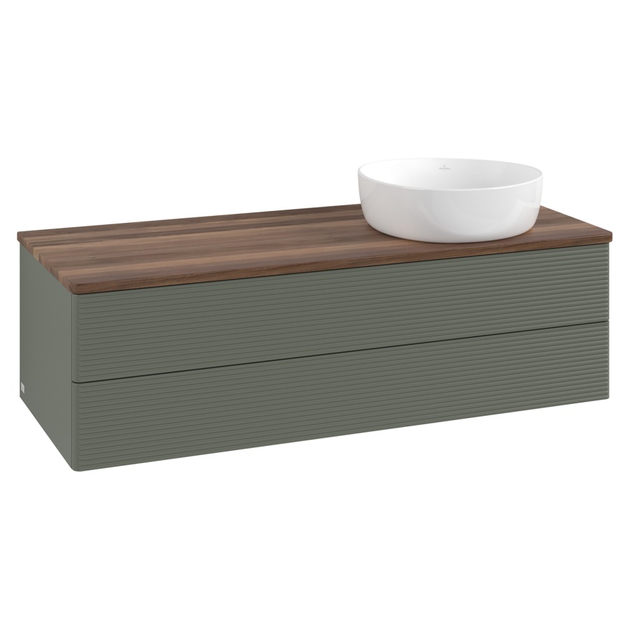 Élément inférieur  Antao
120 x 36 x 50 cm
élément de tiroir, 2&nbsp;tiroirs
lavabo à droite
avec siphon gain de place
avec matériel de fixation
pour 1 lavabo à poser 234171/234172/234173
recouvrement Warm Walnut
sans trou pour robinet