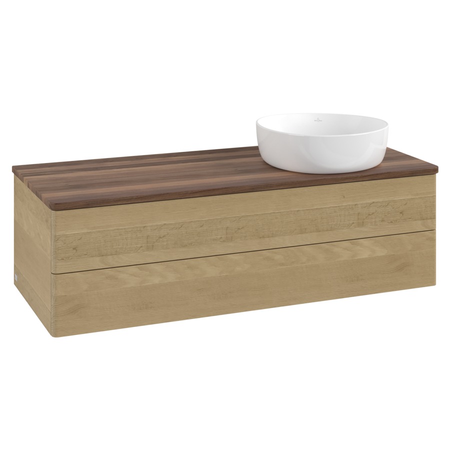 Élément inférieur  Antao
120 x 36 x 50 cm
élément de tiroir, 2&nbsp;tiroirs
lavabo à droite
avec siphon gain de place
avec matériel de fixation
pour 1 lavabo à poser 234171/234172/234173
recouvrement Warm Walnut
sans trou pour robinet