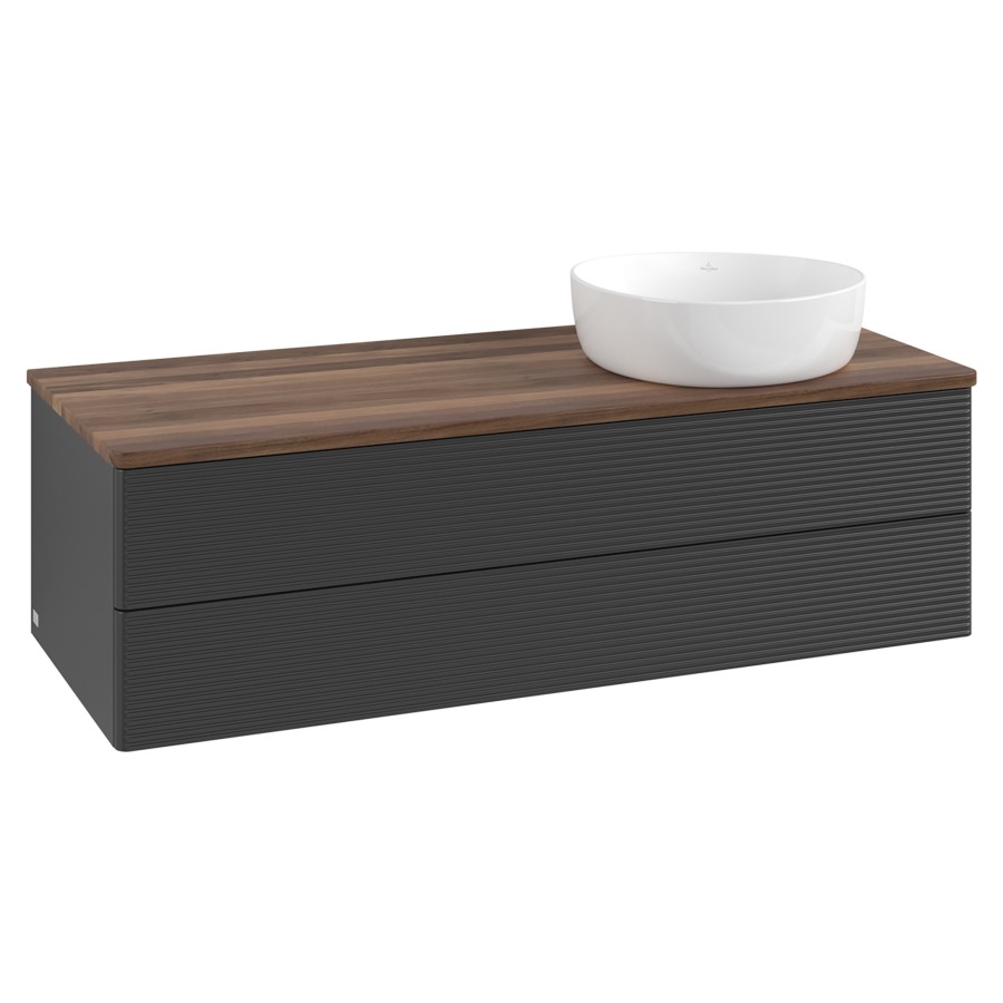 Élément inférieur  Antao
120 x 36 x 50 cm
élément de tiroir, 2&nbsp;tiroirs
lavabo à droite
avec siphon gain de place
avec matériel de fixation
pour 1 lavabo à poser 234171/234172/234173
recouvrement Warm Walnut
sans trou pour robinet